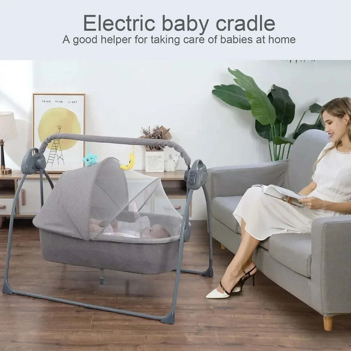 Blue auto-swing electric baby crib cradle with Bluetooth, lullabies, and activity toy features from Everything Baby.