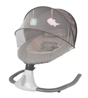 Grey electric baby bouncer swing chair with music toys, compact 65x70x53cm, from Everything Baby, designed for gentle rocking and play.