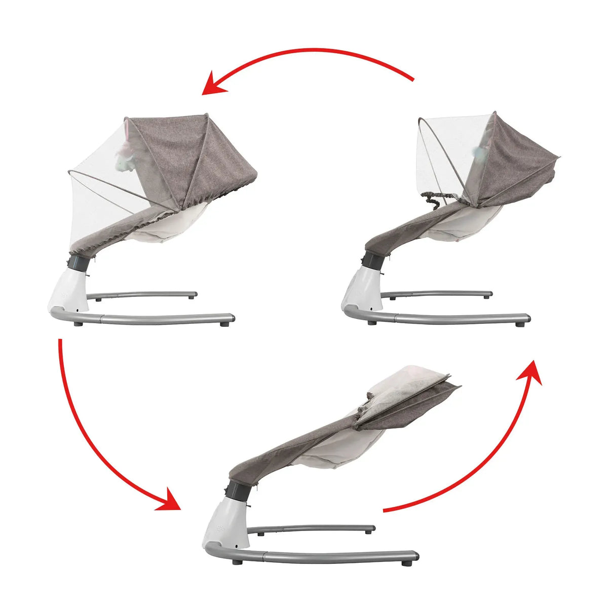 Grey electric baby bouncer swing chair with music toys, compact cradle rocker measuring 65x70x53cm, by Everything Baby.