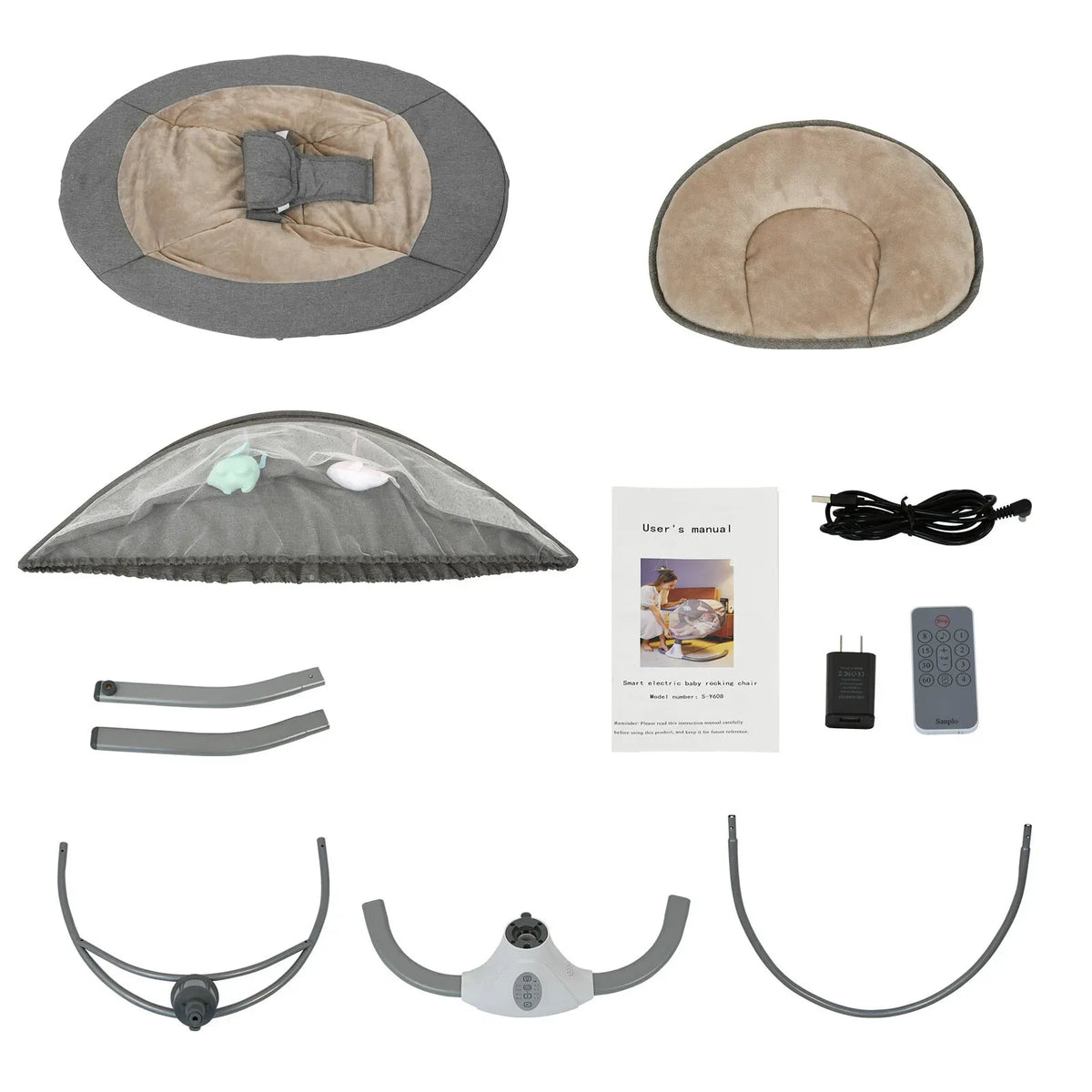 Electric baby bouncer swing chair in grey with musical toys, compact cradle rocker measuring 65x70x53cm, by Everything Baby.