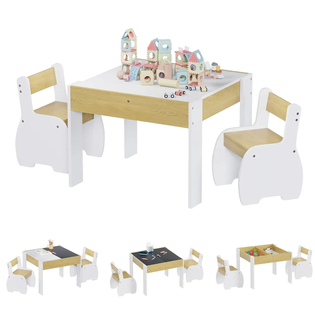 White 3-piece kids table and chairs set with storage, suitable for children, dimensions 60x60x48cm, from Everything Baby.