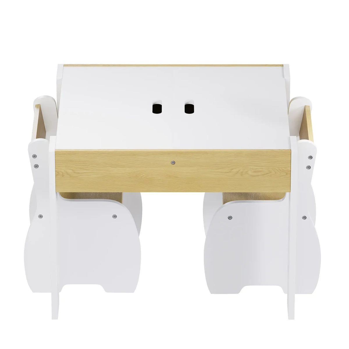 White 3-piece kids table and chairs set with storage, suitable for children, featuring a 60x60x48cm compact design.
