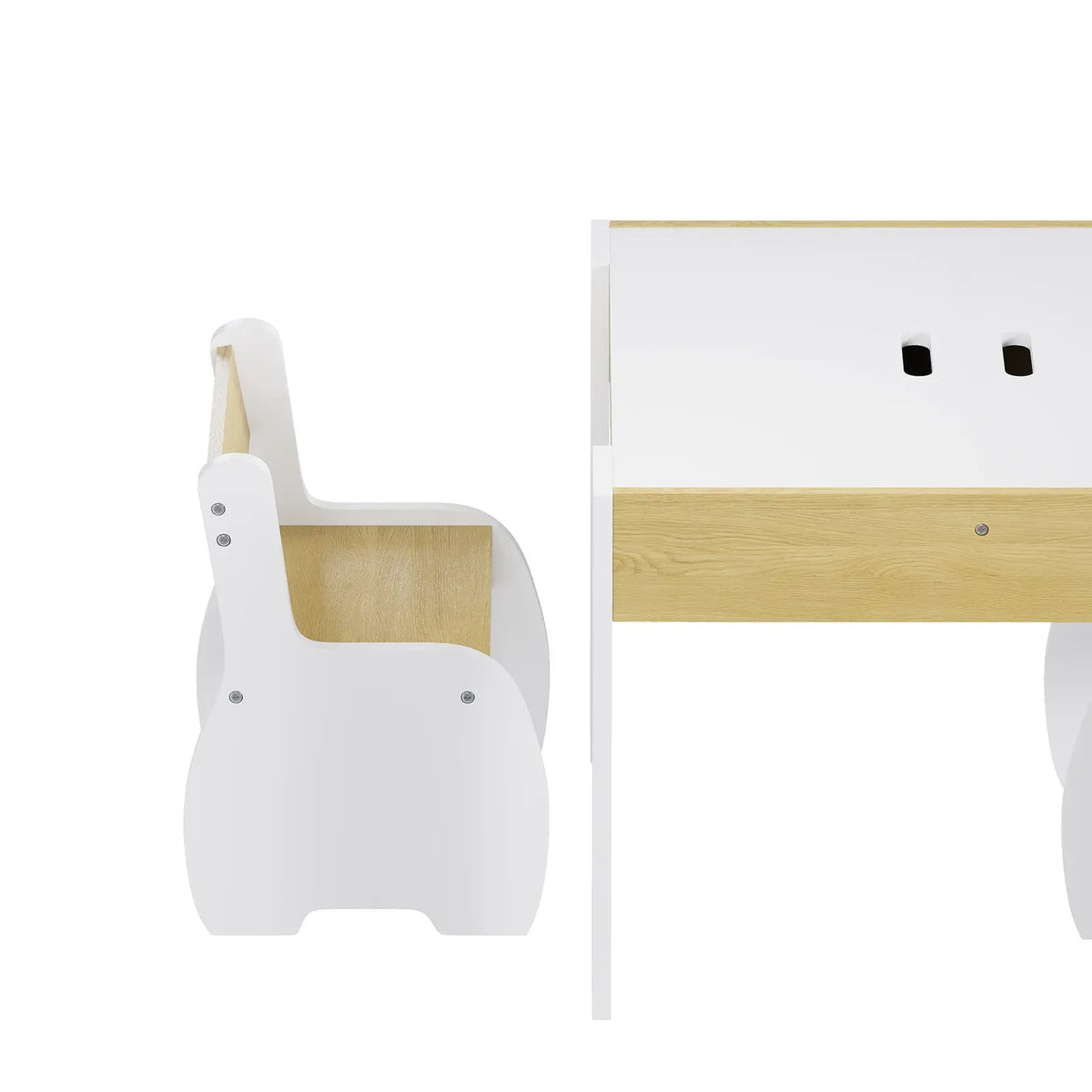 White 3-piece kids table and chairs set with storage, suitable for children, measuring 60x60x48cm, from Everything Baby.