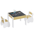 White 3-piece kids table and chairs set with storage, designed for children, features a sturdy table and matching chairs in a playful style.