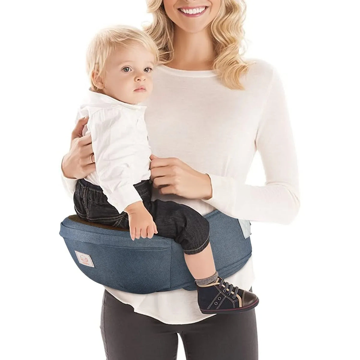 Blue adjustable baby carrier waist sling by Everything Baby, lightweight hip seat for children aged 0-36 months, stroller accessory
