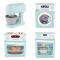 Four-piece toy appliance set including a washing machine, oven, dishwasher, and mixer with lights and sound for kids' pretend play.