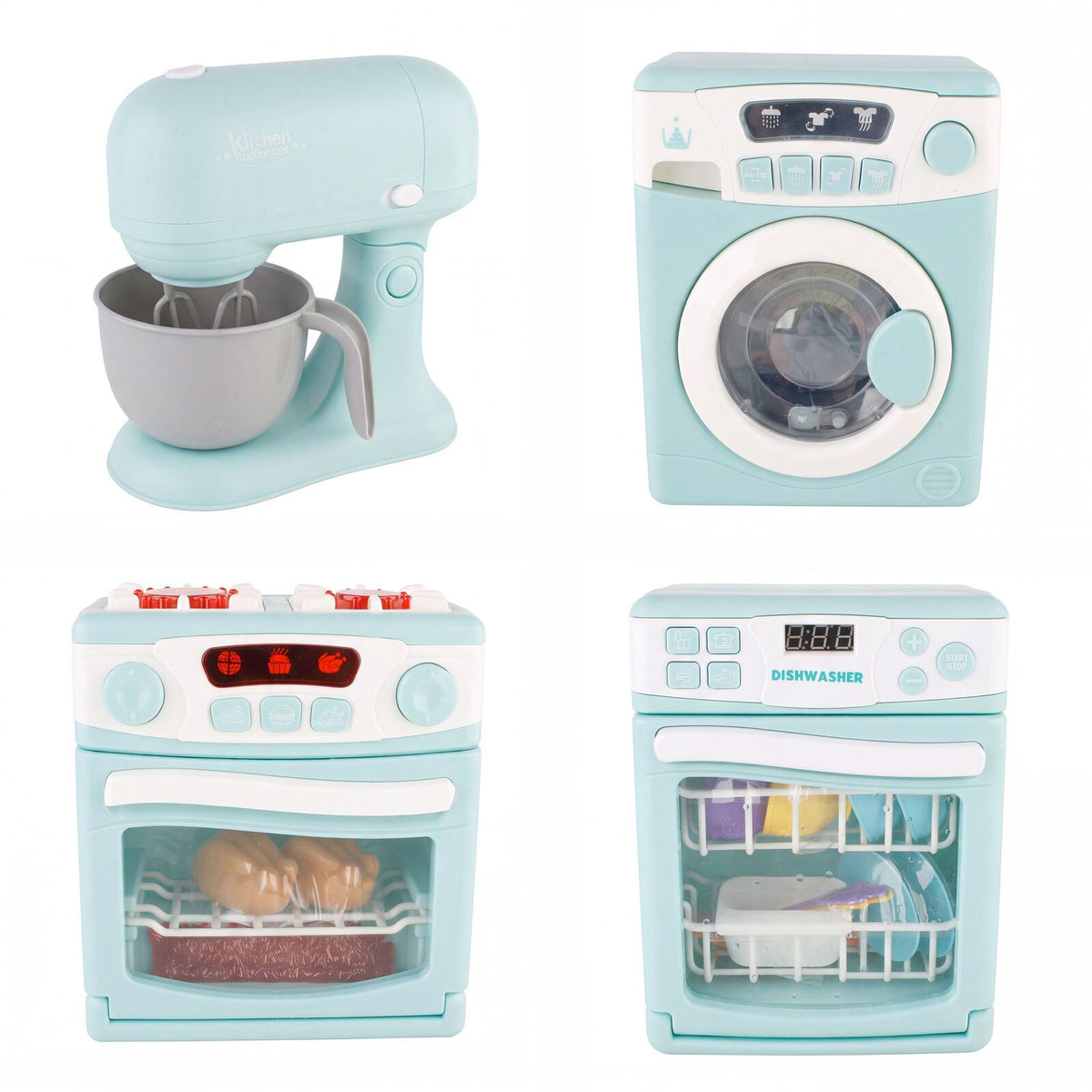 Four-piece toy appliance set including a washing machine, oven, dishwasher, and mixer with lights and sound for kids' pretend play.