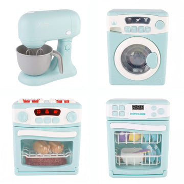Four-piece toy appliance set including a washing machine, oven, dishwasher, and mixer with lights and sound for kids' pretend play.