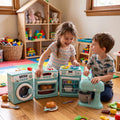 Four-piece toy kitchen set including a toy mixer, washing machine, oven, and dishwasher with lights and sound for pretend play.