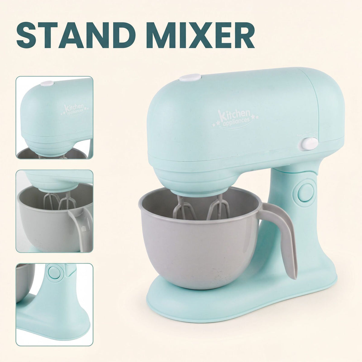 Four-piece toy home appliance set with toy mixer, washing machine, oven, and dishwasher featuring lights and sound for kids pretend play.