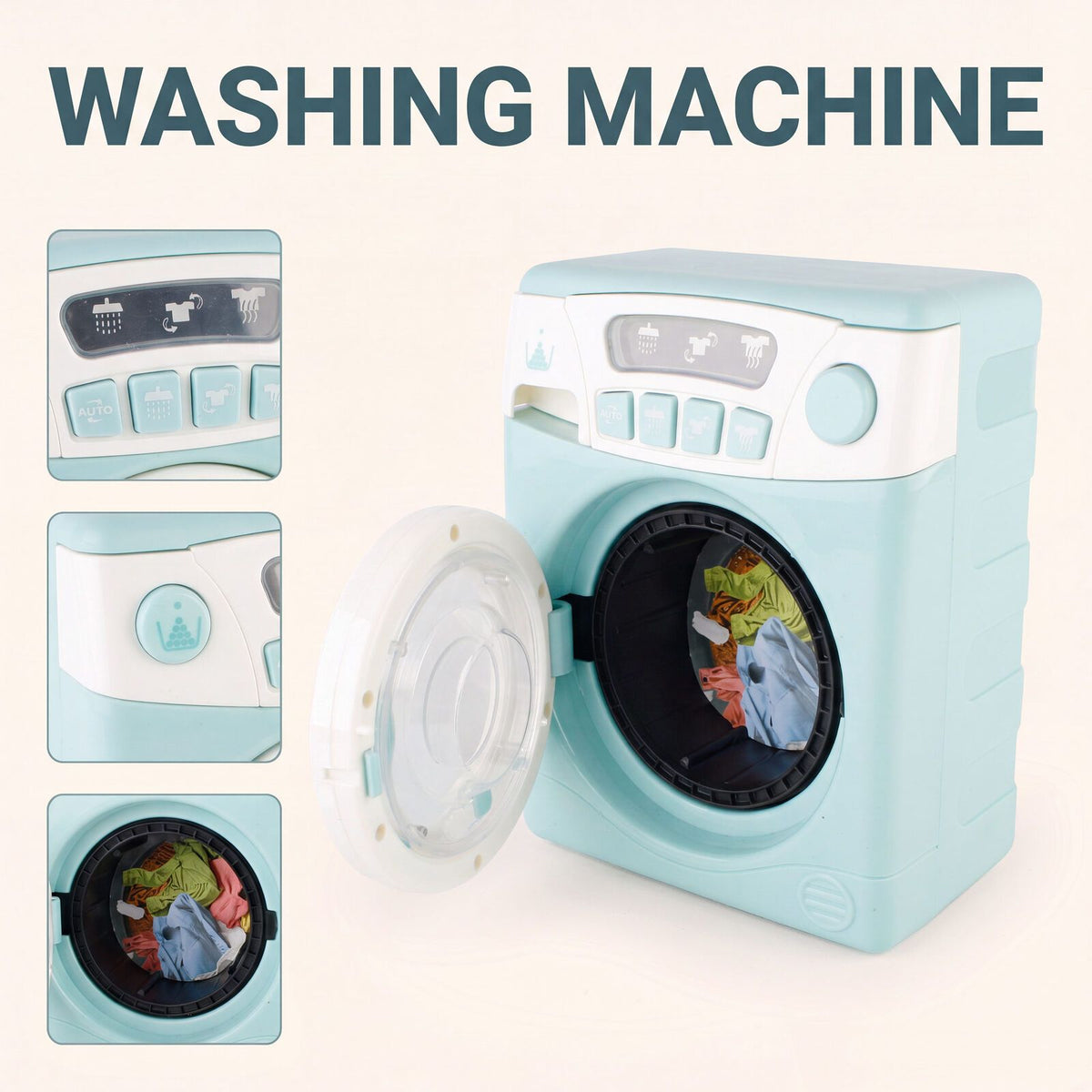 Four-piece toy appliance set including pretend washing machine, oven, dishwasher, and mixer with lights and sound for kids.