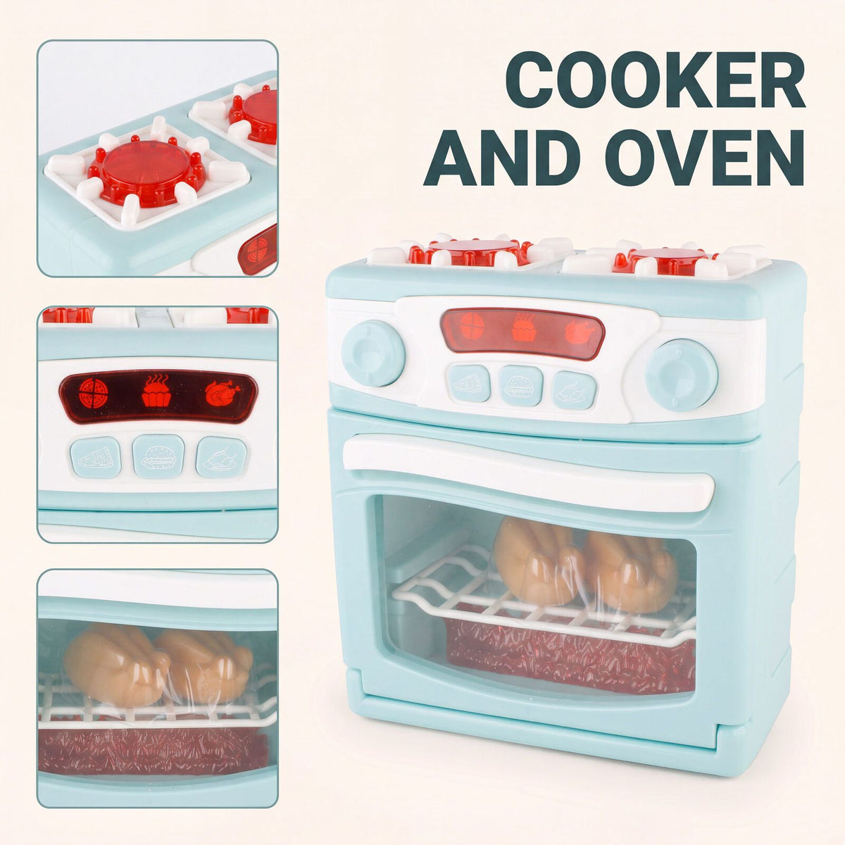 Four-piece baby toy pretend appliance set including a mixer, washing machine, oven, and dishwasher with lights and sound features.