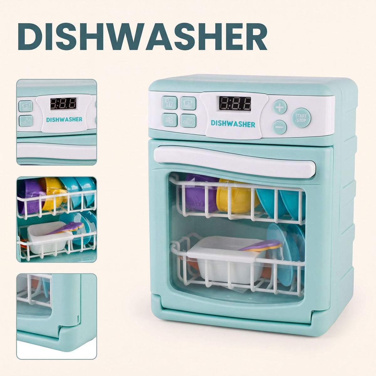 Four-piece toy kitchen set with pretend mixer, washing machine, oven, and dishwasher featuring lights and sounds for kids' pretend play.