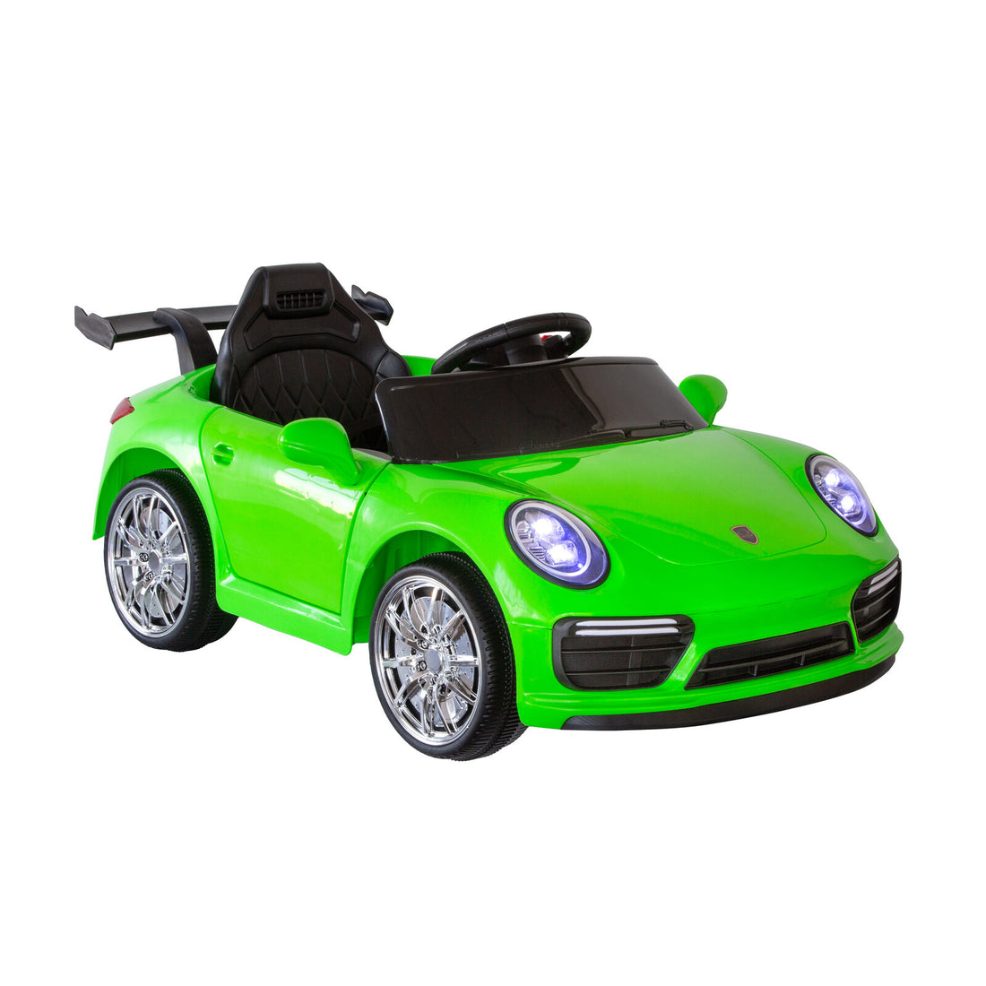 Green Porsche-inspired ride-on electric car for kids with parental remote control, featuring sporty design and realistic details.