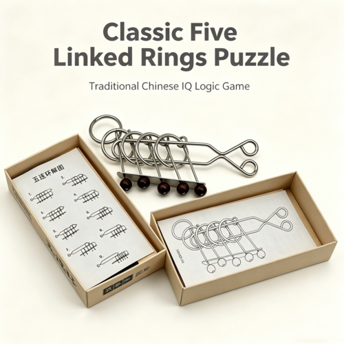 Collectible mechanical brain teaser with five linked rings, designed as retro desktop decor, from Everything Baby's activity toy collection.