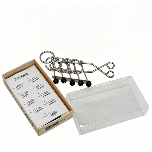 Vintage-style mechanical brain teaser with five linked rings, designed as desktop decor for kids and collectible activity toy by Everything Baby.