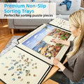 Portable jigsaw puzzle board mat for kids, holds up to 1000 pieces, with a surface holder for easy puzzle assembly.
