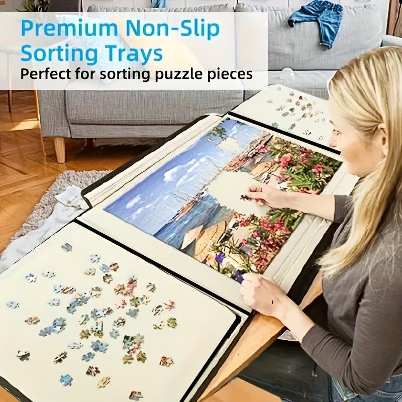 Portable jigsaw puzzle board mat for kids, holds up to 1000 pieces, with a surface holder for easy puzzle assembly.