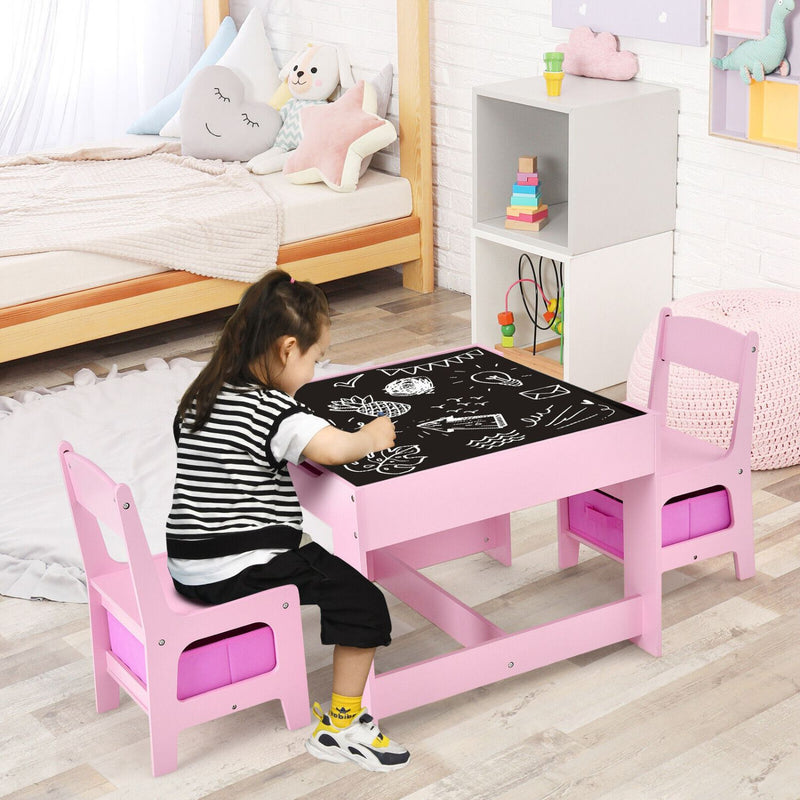 EKKIO 3PCS Kids Table with Lego Baseplate and Chairs Set with Black Chalkboard (Pink)