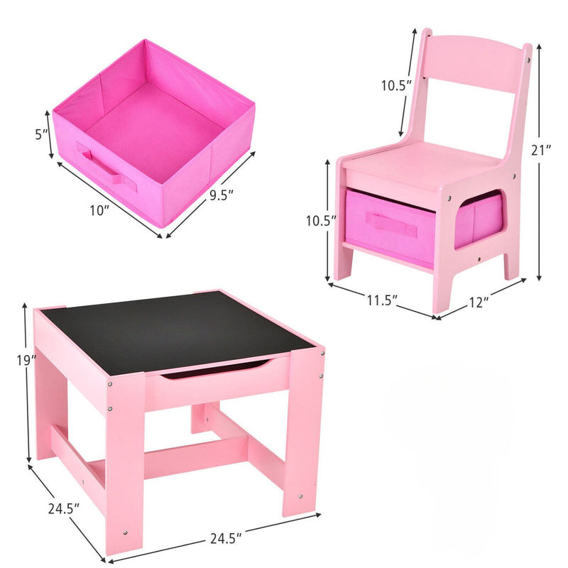 EKKIO 3PCS Kids Table with Lego Baseplate and Chairs Set with Black Chalkboard (Pink)