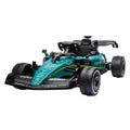 Kids riding a green Kahuna Aston Martin Aramco F1 licensed electric race car by Everything Baby, designed for young children.