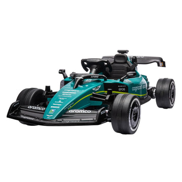 Kids riding a green Kahuna Aston Martin Aramco F1 licensed electric race car by Everything Baby, designed for young children.