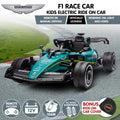 Green Kahuna Aston Martin Aramco F1 licensed electric ride-on race car for kids, featuring detailed race car design by Everything Baby.