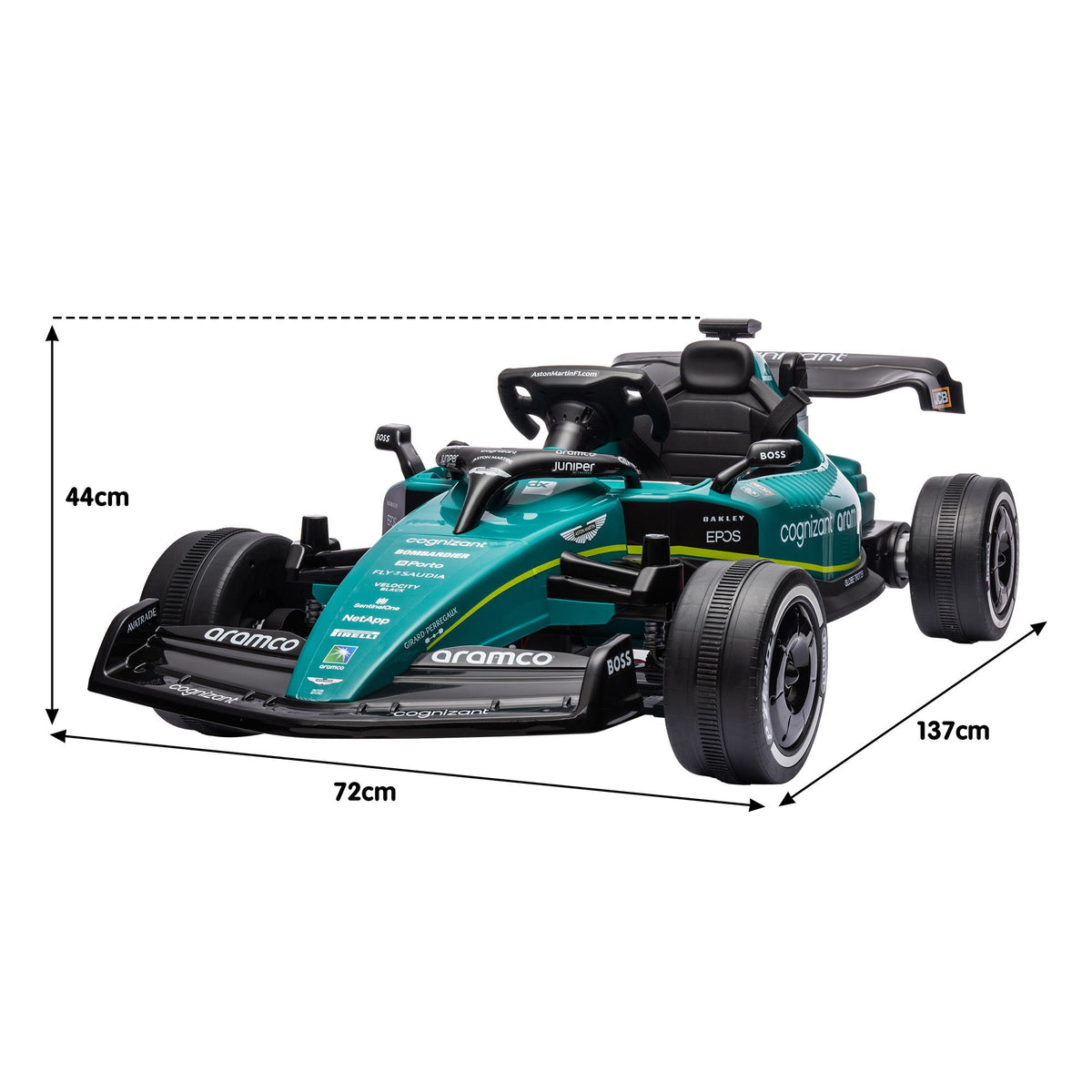 Electric kids ride-on race car modeled after Aston Martin Aramco F1, green and designed for young children, by Everything Baby.