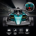 Green Kahuna Aston Martin Aramco F1 licensed electric ride-on race car for kids, featuring realistic racing car details and branding.