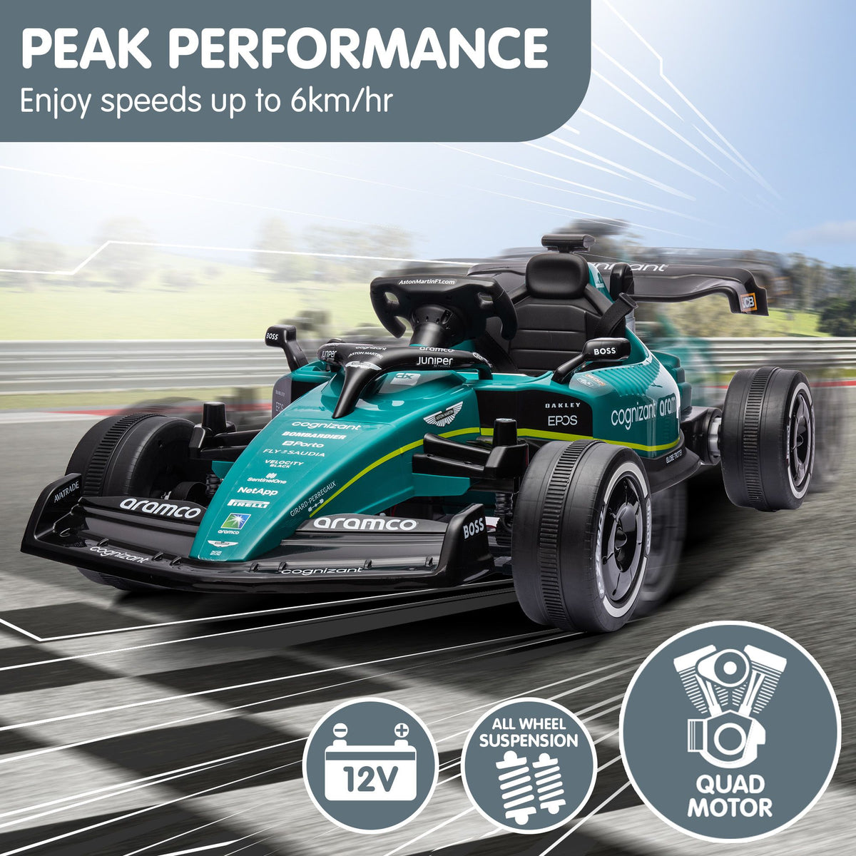 Kids ride-on race car modeled after Aston Martin Aramco F1, electric ride-on car for children by Everything Baby, green color