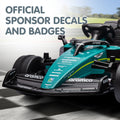 Kids riding a Kahuna Aston Martin Aramco F1 licensed electric ride-on race car, designed for young children, in green color.