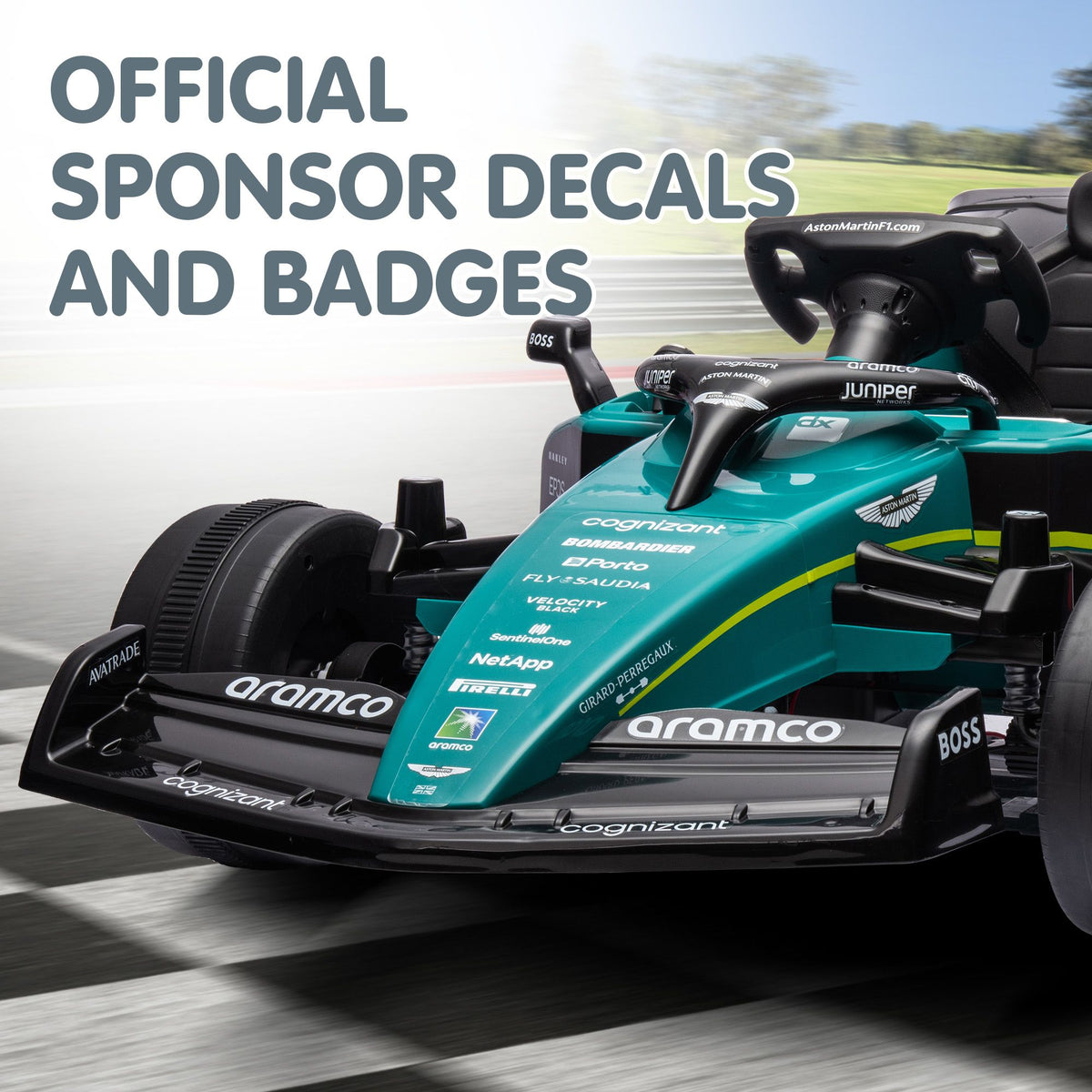 Kids riding a Kahuna Aston Martin Aramco F1 licensed electric ride-on race car, designed for young children, in green color.