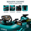 Electric kids ride-on race car modeled after Aston Martin Aramco F1, green with detailed racing design for young drivers.