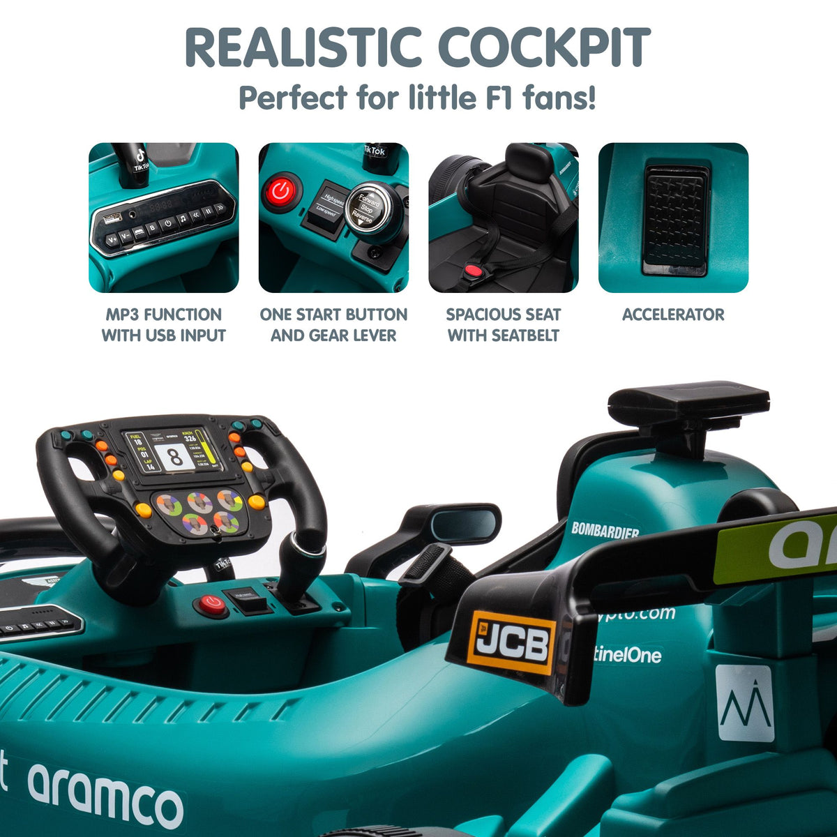 Electric kids ride-on race car modeled after Aston Martin Aramco F1, green with detailed racing design for young drivers.