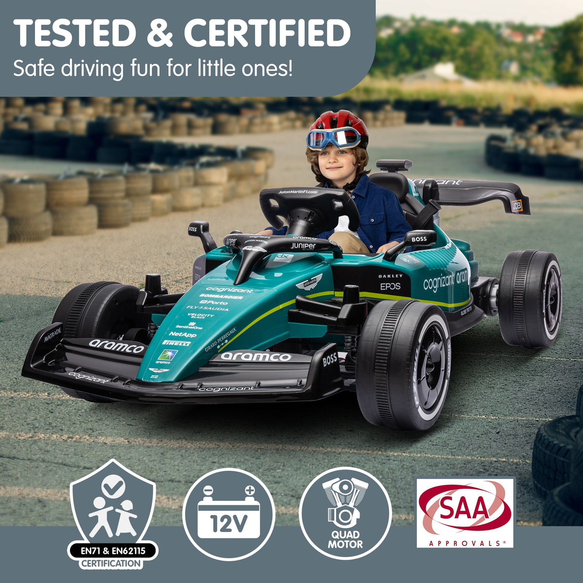 Green Kahuna Aston Martin Aramco F1 licensed electric ride-on race car for kids, featuring realistic race car design and branding.