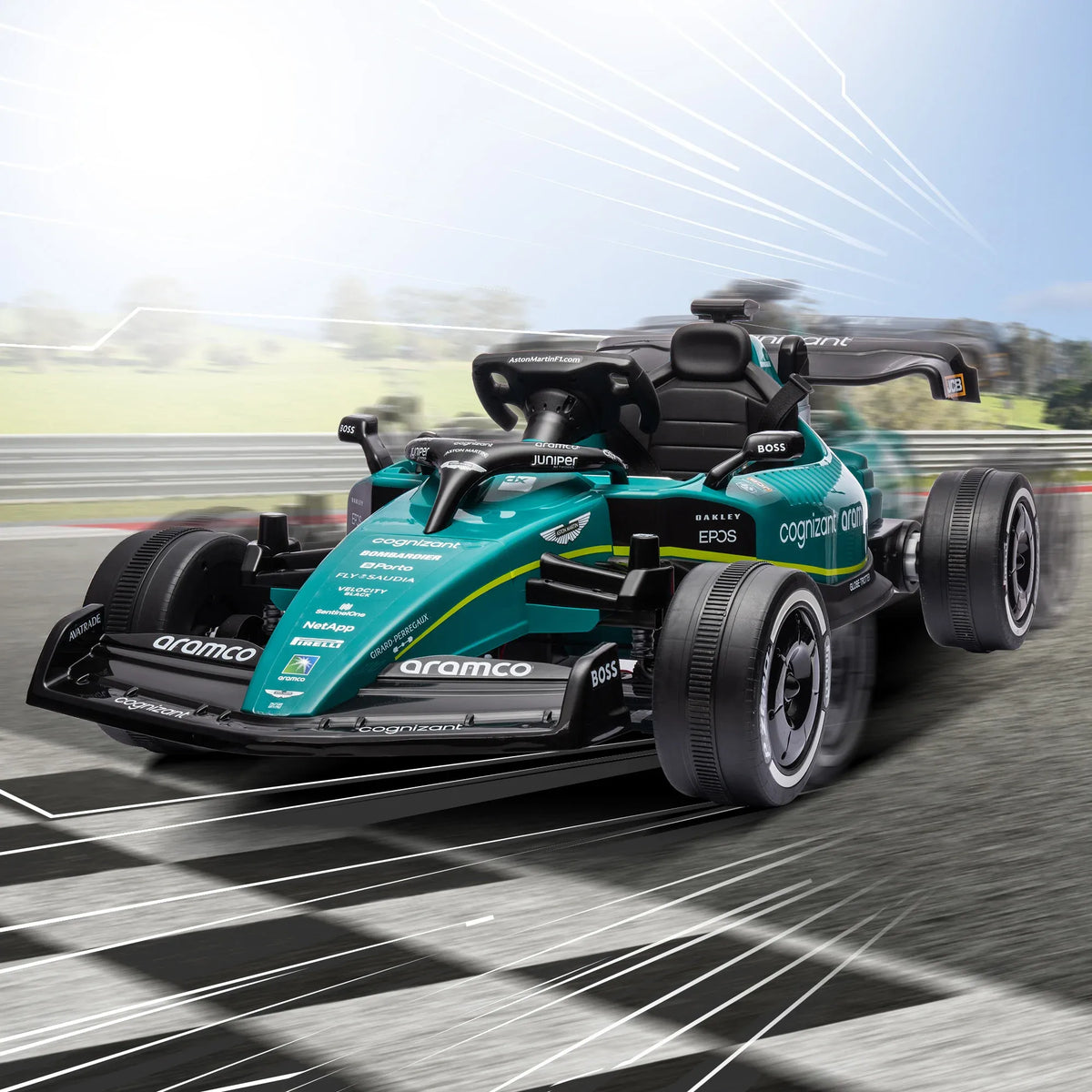 Green Kahuna Aston Martin Aramco F1 licensed electric ride-on race car for kids, featuring realistic design and branding.