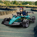 Kids' electric ride-on race car modeled after Aston Martin Aramco F1, green and black, with realistic racing design for children.