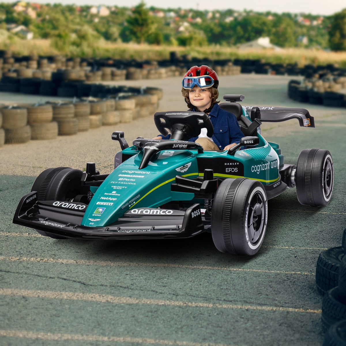 Kids' electric ride-on race car modeled after Aston Martin Aramco F1, green and black, with realistic racing design for children.