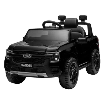 Black Kahuna Ford Ranger electric ride-on car for kids, featuring realistic design and sturdy construction, suitable for young children.