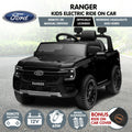 Black Kahuna Ford Ranger electric ride-on car for kids, featuring realistic design and sturdy construction for young drivers.