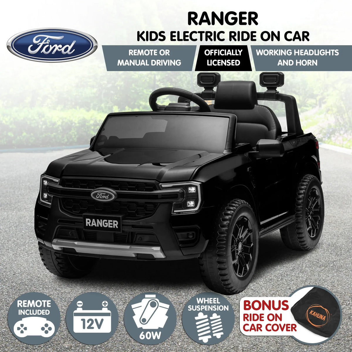 Black Kahuna Ford Ranger electric ride-on car for kids, featuring realistic design and sturdy construction for young drivers.