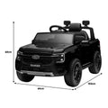 Black Kahuna Ford Ranger electric ride-on car for kids, featuring realistic truck design and sturdy wheels for outdoor fun.