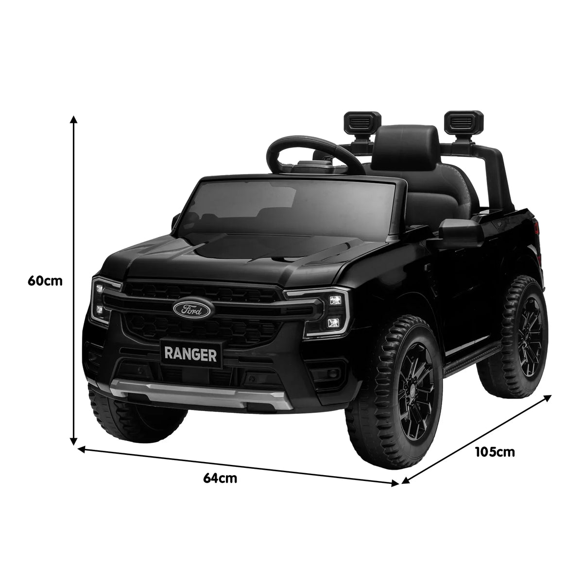 Black Kahuna Ford Ranger electric ride-on car for kids, featuring realistic truck design and sturdy wheels for outdoor fun.