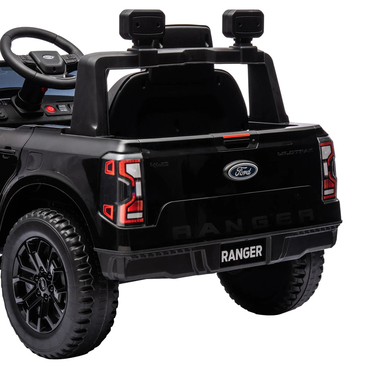 Black Kahuna Ford Ranger electric ride-on car for kids, featuring realistic design and sturdy build, suitable for young children.