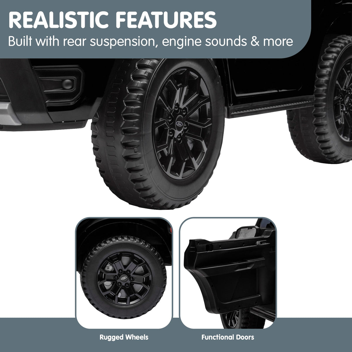 Black Kahuna Ford Ranger electric ride-on car for kids with realistic design and sturdy build, suitable for young children.