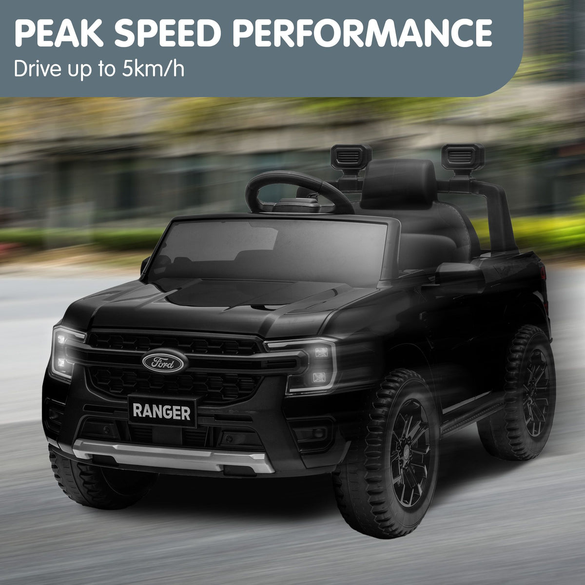 Black Kahuna Ford Ranger electric ride-on car for kids, featuring realistic vehicle design and sturdy build for young drivers.