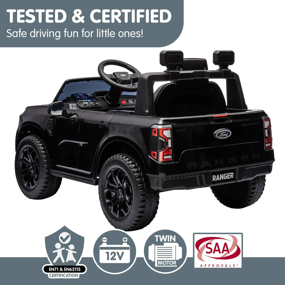 Black Kahuna Ford Ranger electric ride-on car for kids with realistic truck design, featuring sturdy build and kid-friendly controls.