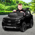 Black Kahuna Ford Ranger electric ride-on car for kids, featuring realistic design and durable construction for young drivers.
