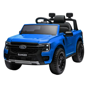 Blue Kahuna Ford Ranger electric ride-on car for kids, featuring realistic design and working headlights for young adventure seekers.