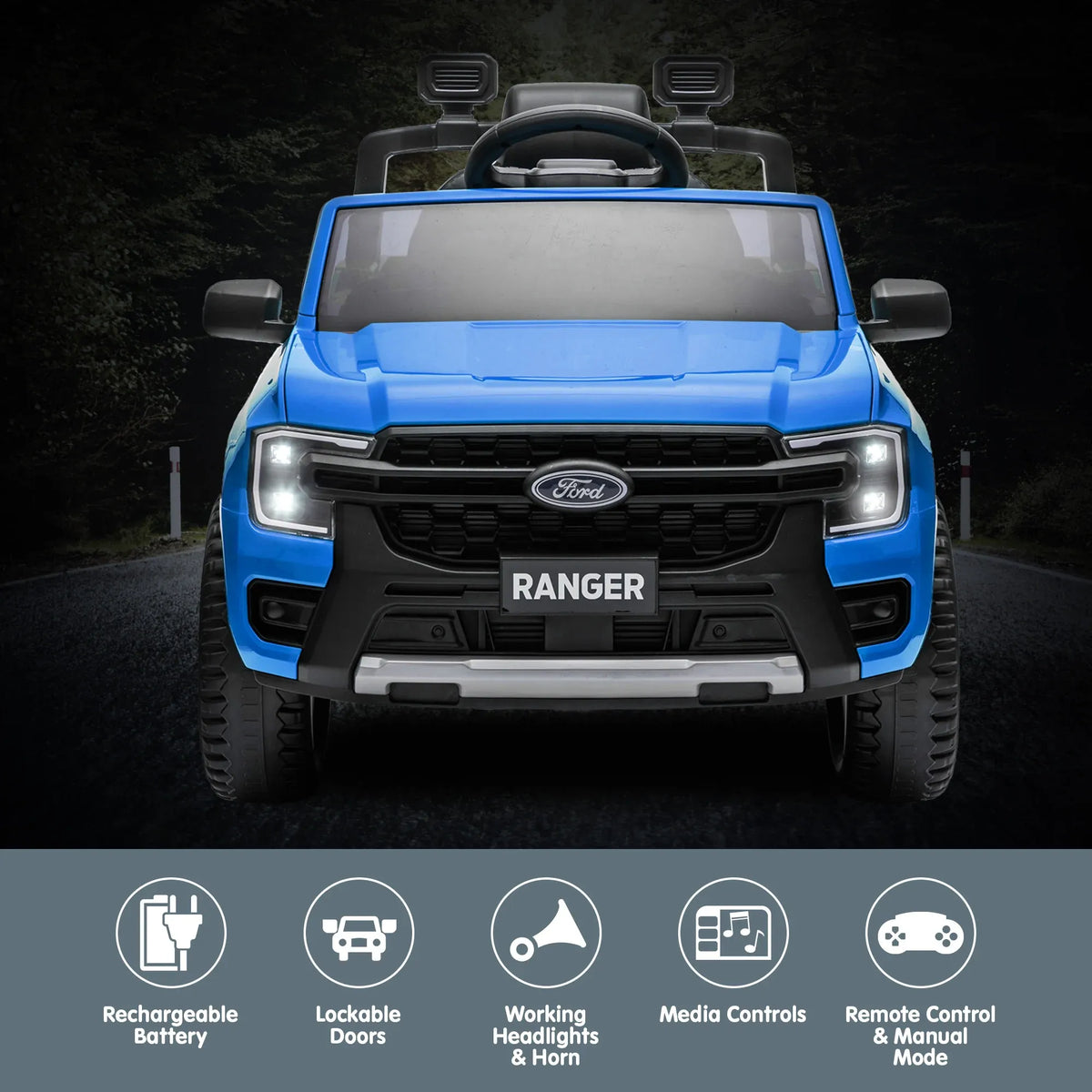 Blue Kahuna Ford Ranger electric ride-on car for kids, featuring realistic design and branding, suitable for young children.